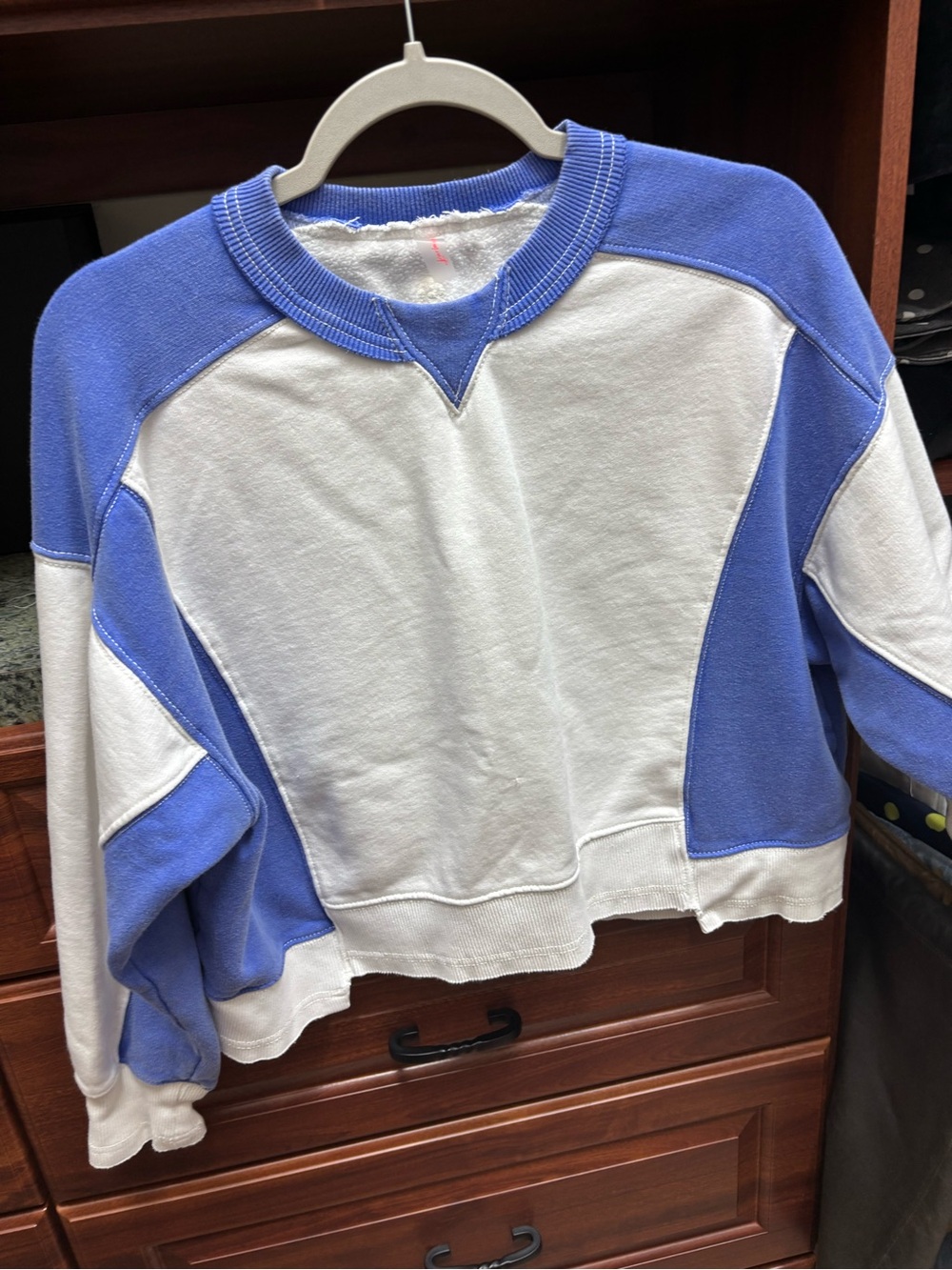 Free People White and Periwinkle Cropped Contrast Pullover